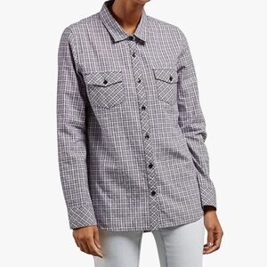 Volcom Shirt Button Flannel Plaid Black Purple Outdoor Hiking Camping Gorp New